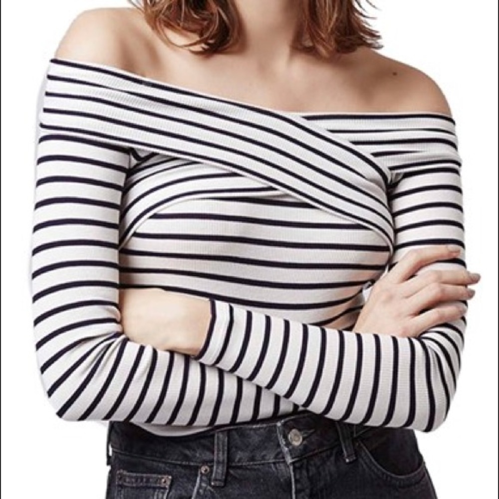 Topshop Off The Shoulder Navy & White Striped Top